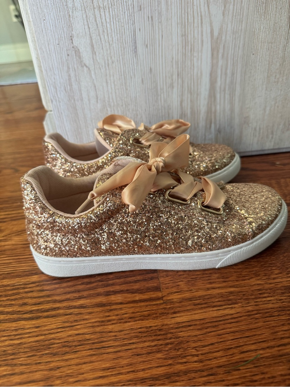 Size 6.5 Women’s Glitter Lace-Up Sneakers with Satin Bow - Rose Gold
